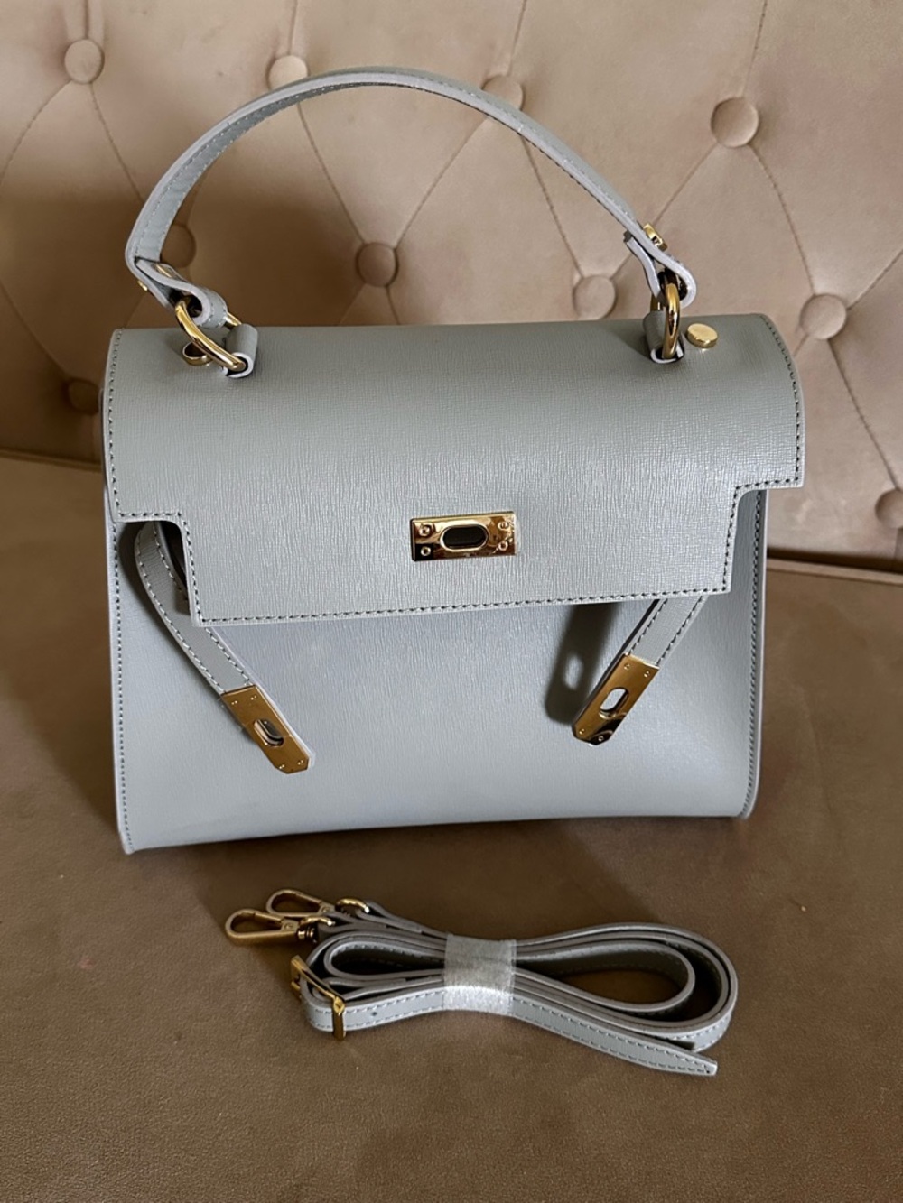Structured Top-Handle Satchel in Light Gray with Gold Hardware